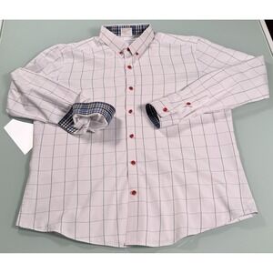 Mens XL Long Sleeve Button Down Shirt White w/Check Pattern Contrasting Cuff